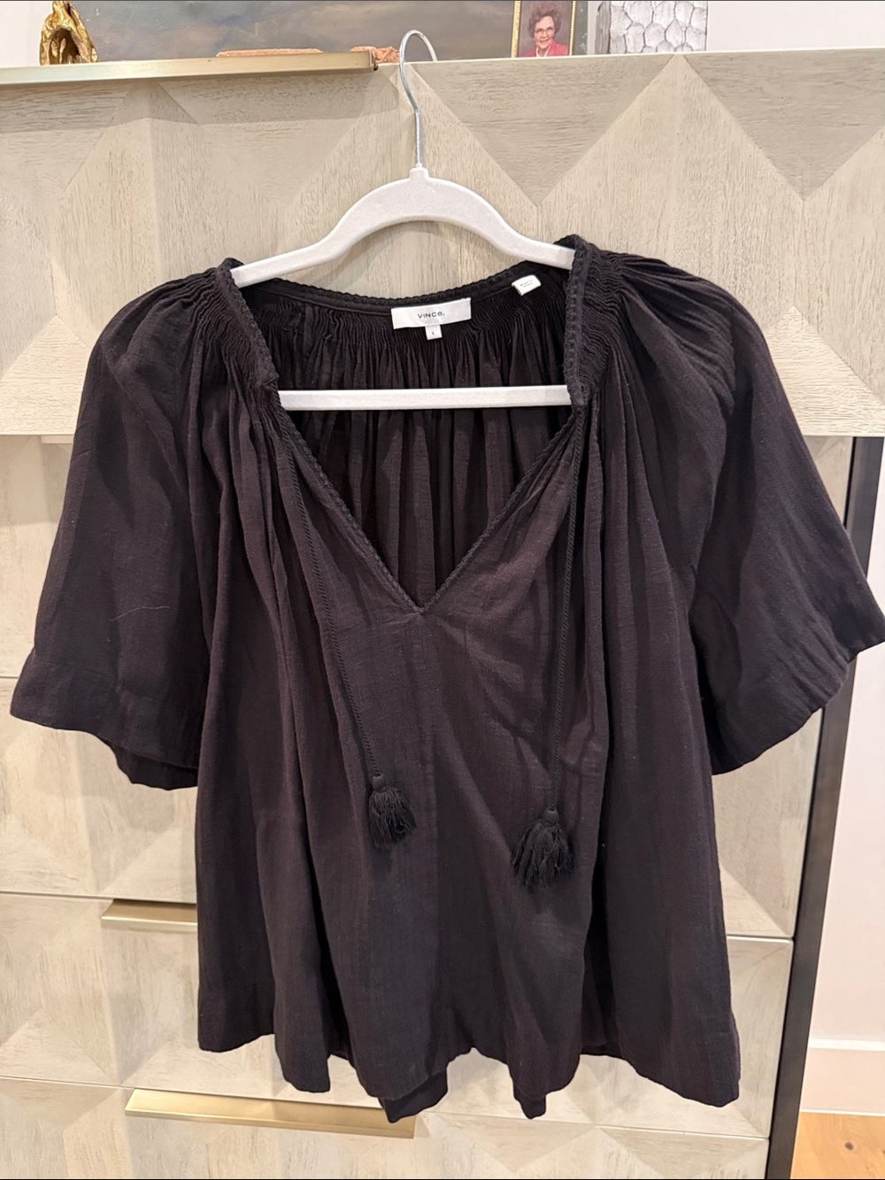 Vince Black Tassel Tie Peasant Blouse